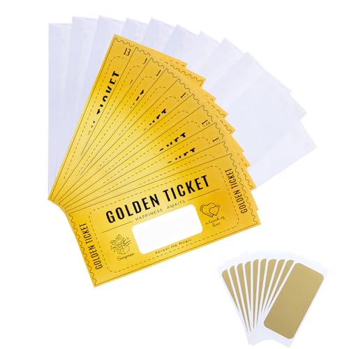 10 Stück Goldenes Ticket Gutschein Rubbelkarten Set, goldenes ticket gutschein rubbel zum Selber Ausfüllen, golden ticket voucher karte, für Geburtstag, Weihnachten, Reise, Geschenkidee mit Umschlägen
