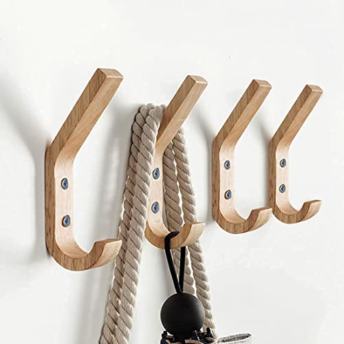 Watbeyoz Wooden Coat Hooks Wall Hooks, 4 Packs Natural Wood Hooks, Decorative Vintage Wood Wall Hooks Organizer Heavy Duty Wall Mounted Hooks for Wall Hanging Coats, Key, Cap, Bag, Cup (Natural Oak)