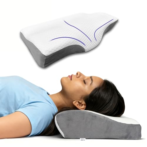 Image of GADDA CO Cervical Pillow for Neck Pain - Orthopedic Memory Foam Pillow for Spondylitis, Neck & Shoulder Pain Relief, Butterfly Design, Sleeping Support, 18.5x10.5x3.5 in, White & Grey, 2-Year Warranty