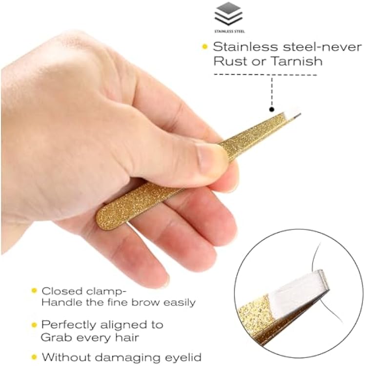 4-Pcs Glitter Stainless Steel Precision Tweezer Set for Eyebrows, Ingrown Hair & Lash Extensions (Gold)