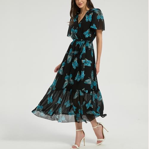 Image of Women's Summer Bohemian Floral Chiffon Dress Cap Sleeve V Neck Ruffle Long Flowy Boho Casual Vacation Dresses