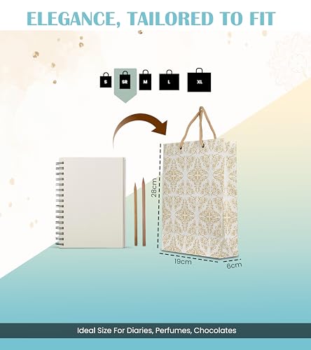 Image of Creative Art White & Gold Paper Gift Bags Rectangle (Pack of 10) - Strong Kraft Paper, Elegant Design, Reusable & Recyclable, Ideal for Return Gifts, Baby Shower, Wedding & Party Gift Packing