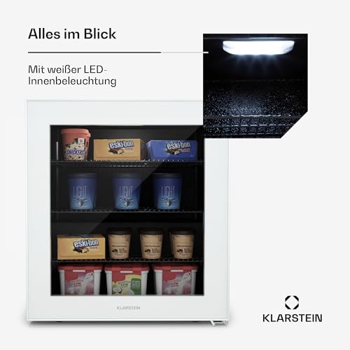 Klarstein IceAge 88 Mini Gefrierschrank, 88 L, Temperatur 0 bis -18 °C, LED-Innenbeleuchtung, 3 Einlegeböden, Energieeffizienz E, Kompakt & Sparsam, Kleine Gefriertruhe, Weiß