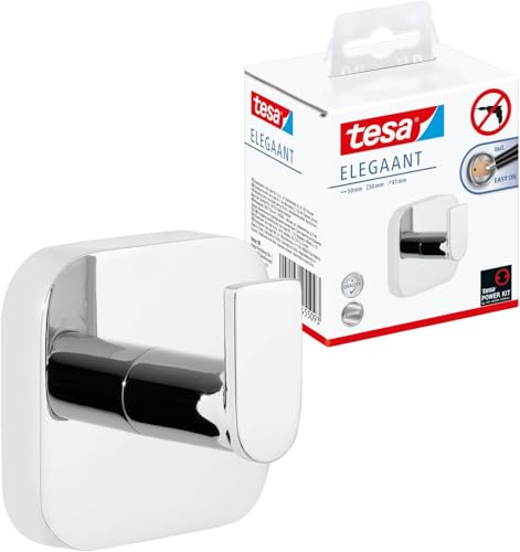 tesa ELEGAANT Handtuchhaken verchromt - Bad-Haken zur Wandbefestigung ohne Bohren inkl. Klebelösung - 50 mm x 50 mm x 41 mm