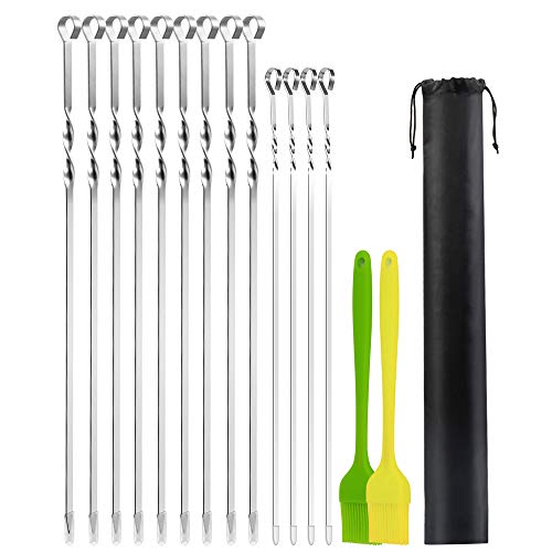 Hanmir Pinchos Barbacoa brochetas Barbacoa 12 Unidades, 45cm+40cm+2 Cepillos de Barbacoa, con Bolsa portátil, Reutilizables, para BBQ Carne Pollo Frutas