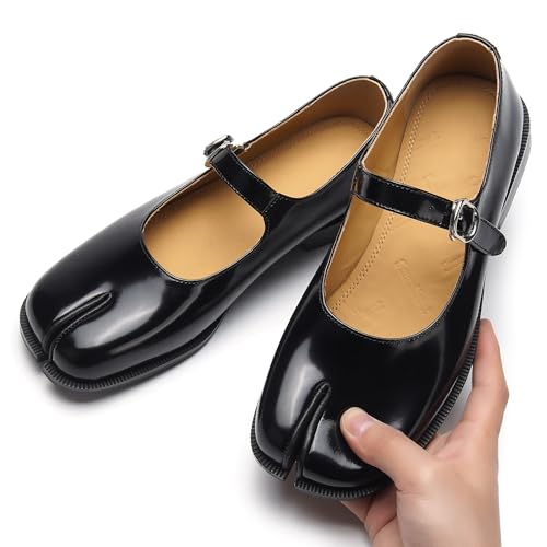 Women's Mary Jane Tabi Shoes,Split Toe Patent Leather Dress Flats with Square Toe and Buckle Strap4