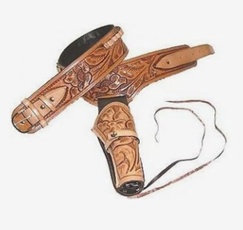 Western CowboyAmmo Tooled Leather Ammo Vintage Cartridge Belt .22 .32 (Tan Right Hand, Size 4 (42