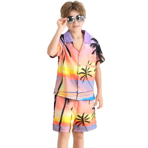 Image of Weixinbuy Boys Summer Outfits Short Sleeve Hawaiian Shirt and Shorts Vacation Set for Kids Summer Clothes Set