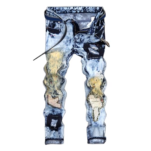 Men's Distressed Classic Patches Jeans Destroyed Straight Leg Male Jean Zipper Deco Washed Denim Pants