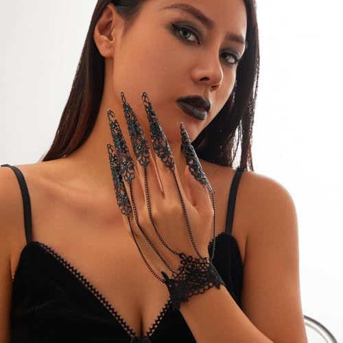 1Pcs Gothic Bracelets Finger Nails Tip Claw Rings for Women, Punk Black Wrist Chains Bracelets Goth Hollow Pattern Finger Claws Halloween Cosplay Jewelry2