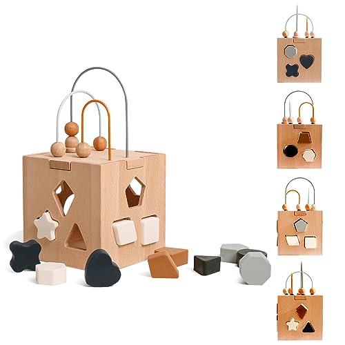 Image of Wooden Activity Cube for Baby, 5 in 1 Wooden Activity Center with Bead Maze Shape Sorter, Montessori Toys for 1 2 3 Year Old Toddlers, Educational Learning Toys for Kids, Sorting & Stacking Board