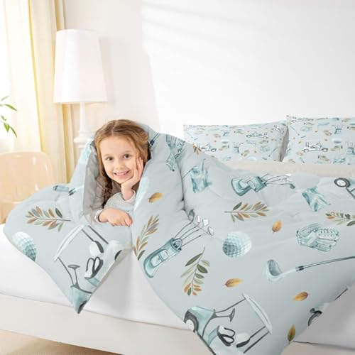 Image of Feelyou Blue Golf Comforter Set Toddler Size Leaves Bedding Set for Kids Boys Girls Sports Golfing Theme Duvet Quilt Bedroom Decor Microfiber 2 Pcs with 1 Pillow Cases
