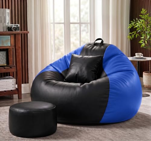 Image of Sattva Dual Color 6XL Sofa Style Bean Bag Chair with Beans Filled | Faux Leather Binbags for Adults | Large Bean Bag with Pocket | Pre-Filled Beans Bag with Beans for Home (Black & Royal Blue)