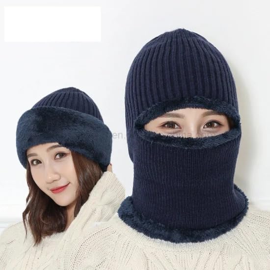 Image of Snow Proof Inside Fur Wool Unisex Monkey Beanie Cap Hat | Breathable Knit Thick Fleece Lined Foldable Use as Skull Woolen Winter Caps Hat Men & Women | Motorcycle Balaclava | Freesize