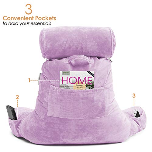 Nestl Reading Pillow, Includes 1 Extra Large Bed Rest Pillow With Arms + 2 Detachable Pillows - Premium Shredded Memory Foam Tv Pillow, Neck Roll & Lumbar Support Pillow - Set Of 3 - Lavender Purple #TOP4