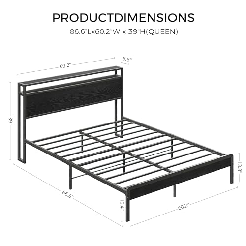 Image of LIKIMIO Queen Bed Frame with Headboard, Dark Wood Camas Queen with Strong Supports, Sturdy, Noise-Free, No Box Spring Needed, Black