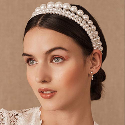 Aimimer Bridal Faux Pearl Headband 3 Pcs Vintage Large Tiara Crown Ivory Simulated Pearl Hair Hoop for Wedding Prom Party Hair Jewelry for Women and Girls by Aimimier - Image 2