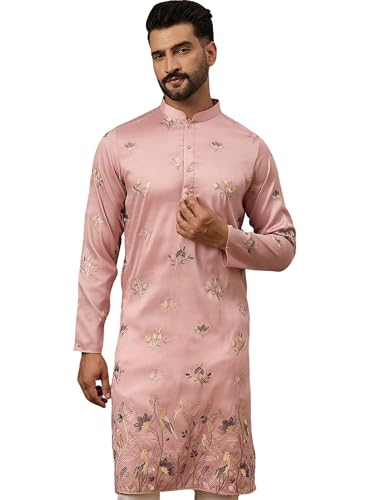 Image of Men's Calf Length Silk Blend Embroidered Solid Kurtas | Men | Kurtas for Mens | Straight Fit Kurta for Men's