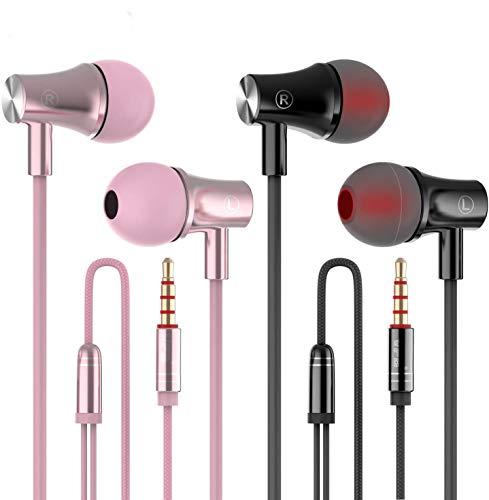 VPB Écouteurs intra-auriculaires en métal, écouteurs intra-auriculaires, écouteurs filaires isolants avec microphone Black + Pink 2 pairs Cover