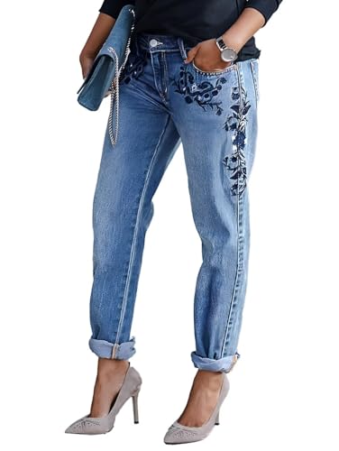 Flamingals Carrot Jeans for Women Mid Rise Casual Floral Embroidery Wash Roll Hem
