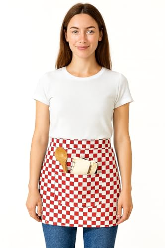 IBEX Unisex Short Waist Apron with 2 Pocket - Professional Catering, Restaurant, Bar & Kitchen Apron for Chefs, Waiters, Bartenders, Servers & Home Cooking - Red Check (Pack of 1)