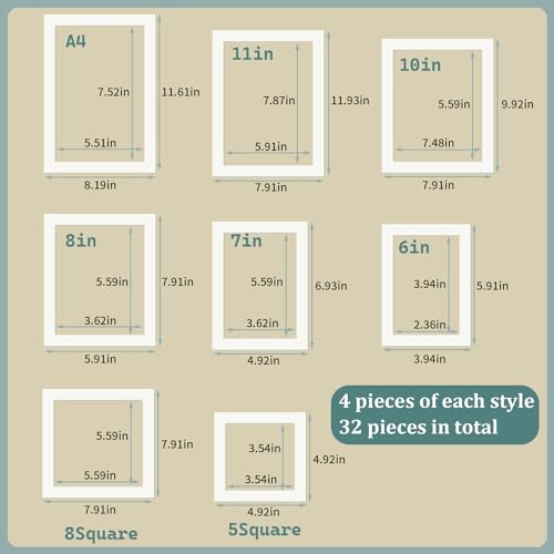Lechengjia 32 Stücke Passepartout Karton, 8 Größen von Bild Foto Rahmen Halterungen Matten für Home Studio (Iced White, Off White)