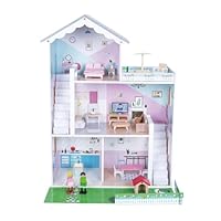 Jumini Wooden Dolls House – Modern Open Plan Three Storey Dollhouse with 2 Dolls & Furniture Set, Accessories, Sustainable Toy for Kids 3+