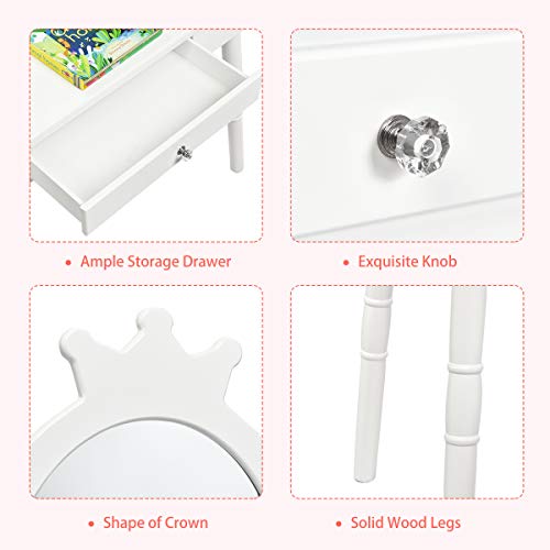 Costzon Kids Vanity Set, Wooden Princess Makeup Table With Cushioned Stool, Large Drawer, Solid Wooden Legs And Crown Mirror, Pretend Beauty Make Up Dressing Play Set For Girls Best Gift (White) #TOP3