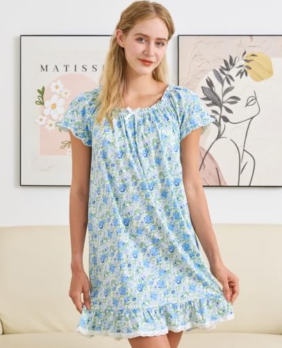 Image of Nanxson Women's Cotton Nightgown Short Sleeve Sleepwear Vintage Nightshirt | Summer Victorian Sleepdress,White Sleepshirt,U Neck Lace Loungewear,Soft Nightshirt,Loose Loungedress,Bride Nightwear