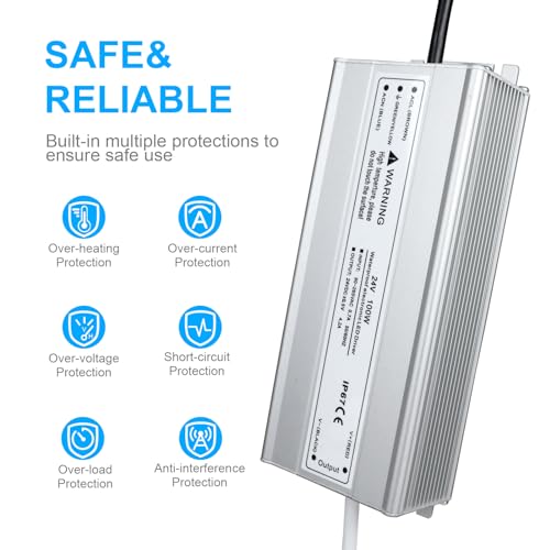 Image of LightingWill LED Driver 100 Watts Waterproof IP67 Power Supply Transformer, 100-240V AC to 24V DC Low Voltage Output, Adapter with 3-Prong Plug 3.3 Feet Cable for Outdoor Use, Computer Project