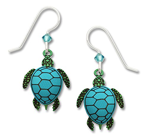 Sea Turtle Dangle Earrings - Green with Blue Shell - 925 Sterling Silver Ear Wires