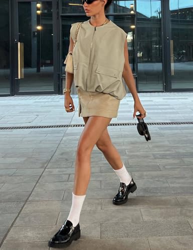Yimoon Damen-Cargo-Weste mit Reißverschluss, lässig, gerüschter Saum, ärmellos, Blazer, Weste, Top mit Taschen, Khaki, L
