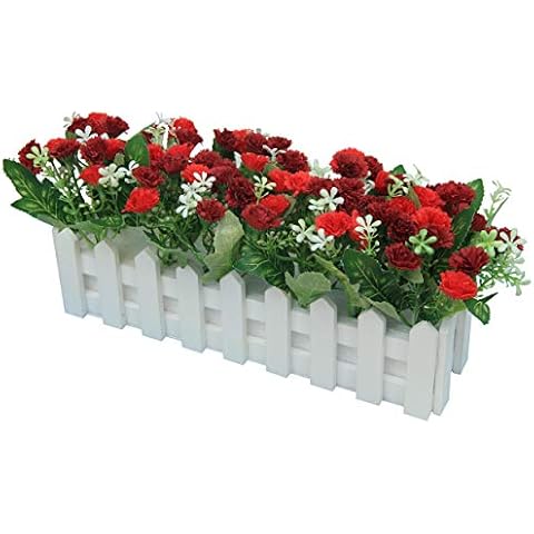 Flikool Artificial Flowers Carnations with Fence Artificial Plants in Pot Simulation Fake Artificial Potted Bonsai Home Decoration Ornaments Balcony Decor 30 * 7.5 * 15 cm - Red Cover