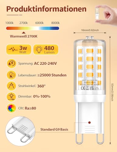 G9 LED Lampe Warmweiß Dimmbar 2700K 3W LED Leuchtmittel Ersatz 45W Halogen – Ansicht 3