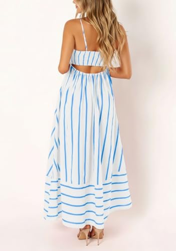 Image of chouyatou Women's Striped Back Smocked Maxi Dress Sexy Spaghetti Strap Cut Out Flowy Swing Long Dress
