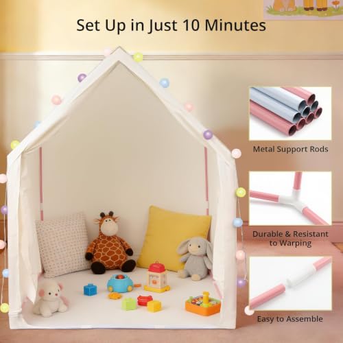 Anbte Kids Play Tent with String Lights Indoor, for 1-3 Kids, Beige Stripes - Image 4