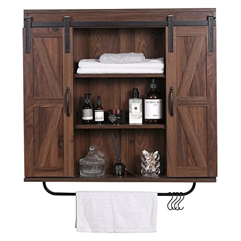 Rustown Rustikaler Wandschrank aus Holz mit zwei Schiebetüren, 3-stöckiger dekorativer Bauernhaus-Vintage-Schrank für Küche, Esszimmer, Badezimmer, Wohnzimmer, dunkles Walnuss Cover