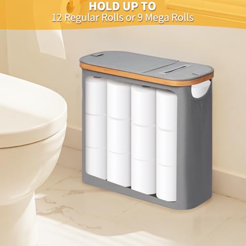 efluky 28L 2-in-1 Toilettenpapier Aufbewahrung Korb aus Bambus mit Papierauslass, Toilet Paper Organizer, Klopapier Aufbewahrung mit Deckel, Faltbarer Aufbewahrung Box für Badezimmer, WC (Grau) 3
