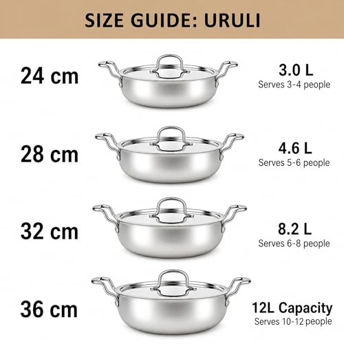 Image of SOLARA Triply Stainless Steel Uruli 24 cm with SS Lid, Tri Ply Heavy Bottom Cooking Pot, Stainless Steel Handle, Induction Friendly Deep Kadai /Uruli for Curry, Biryani & Frying