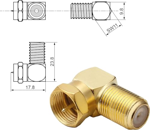 Comforty Sat-Winkel-Adapter Set, 4 Stücke Sat Winkelstecker 90 Grad, F-Winkelstecker, Antennenstecker Winkel für Antennenkabel, Satellitenkabel, Koaxialkabel, Vergoldet
