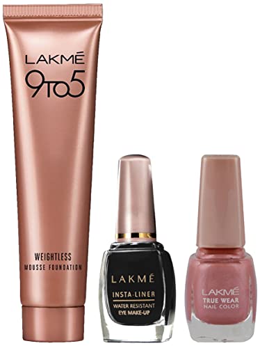 Image of LAKME Insta Matte Finish Eye Liner, Black, Water Resistant, Long-Lasting, 9ml & 9 To 5 Weightless Mousse Foundation, Rose Ivory, 6g & True Wear Nail Color, Pinks N238, 9ml
