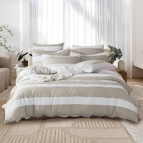 Merryfeel Cotton Duvet Cover Set Queen,100% Cotton Texured Weave Pintuck Pleat Striped Duvet Cover and Pillowshams, 3 Pieces Bedding Set Breathable for All Season- Full/Queen Cover
