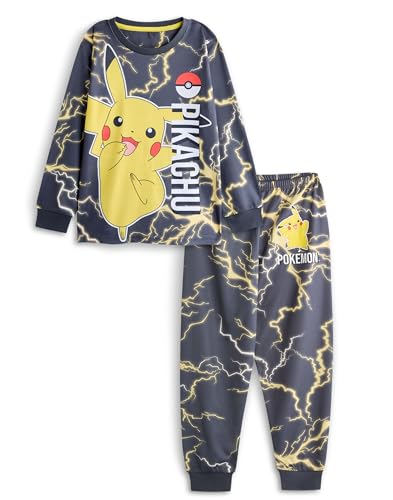 Pokémon Conjunto de Pijama Pikachu para niños | Camiseta de Manga Larga con Estampado del Personaje de Pikachu y Pantalones de Pijama de Pernera Larga para niños en Negro