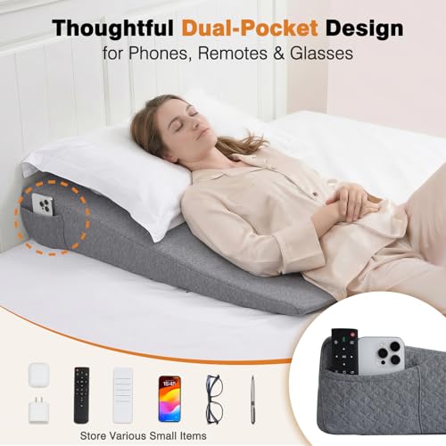 Image of Vekkia 34 inch Extra-Long Wedge Pillow, Back & Arm Support, Bed Wedge Pillow for Sleeping After Surgery, Acid Reflux, Snoring Relief, Removable Washable Cover & Double Side Pockets, 5.5 inch Height, Gray