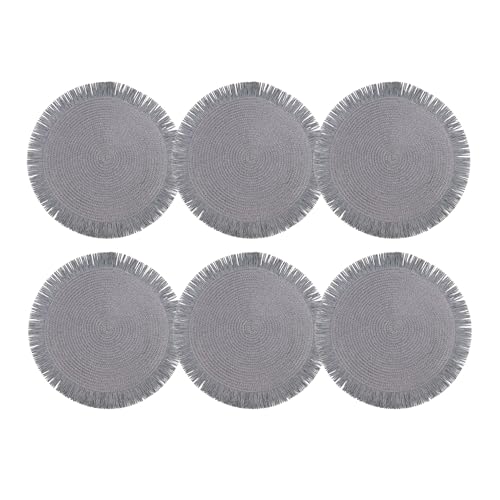 Cofan Pack de 6 salvamanteles individuales | Bajoplatos redondos | Color: beige, blanco o gris | Diámetro: 38 cm | Salvamanteles con flecos decorativos (Gris)