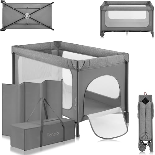 lionelo Jasmin Easy FoldCuna de Viaje para Niños de hasta 15 kg de 0 a 36 Meses Colchón de Espuma T25, 2 Niveles de Altura, Easy Fold, Entrada Lateral, Ruedas