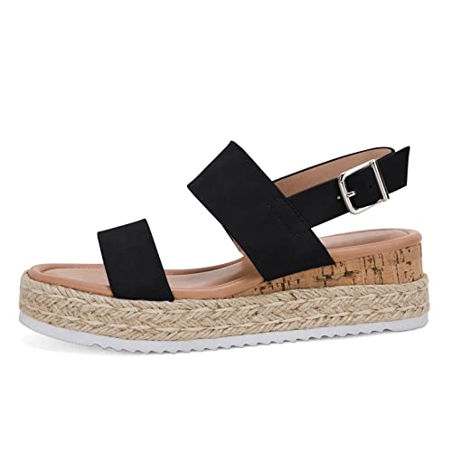 Laicigo Women’s Open Toe Platform Espadrilles Ankle Strap Buckle Rubber Chunky Wedge Sandals (1-Black, 5.5) #TOP1