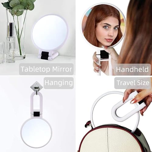 Image of Plastic 1x 15x Magnifying Handheld Square Hand Mirror, Travel Folding Hand Held Mirror, Double Sided Pedestal Magnification and True Image Makeup Mirror for Women with Adjustable Handle, Pink