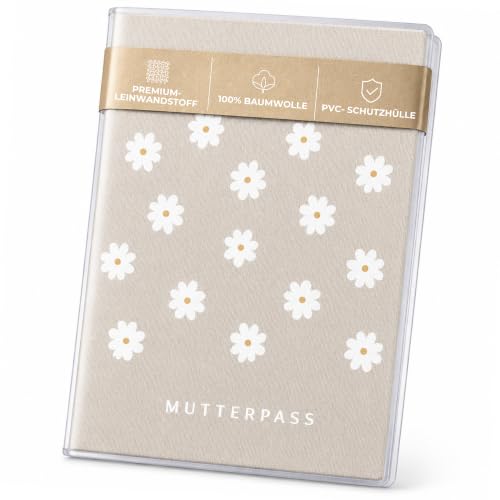 FreudenPost Premium Mutterpasshülle aus Leinwandstoff - Geschenk zur Schwangerschaft & Geburt - Fach für Ultraschallbilder - stilvoll & langlebig (Gänseblümchen beige)