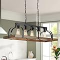 WUZUPS 5-Light Metal Chandelier Imitation Wood Grain Linear Pendant Ceiling Lighting Rustic Farmhouse Fixture Kitchen Island Dining Room, H 8.5" L 31.5" W10, E26 Base, Black & Retro Wood